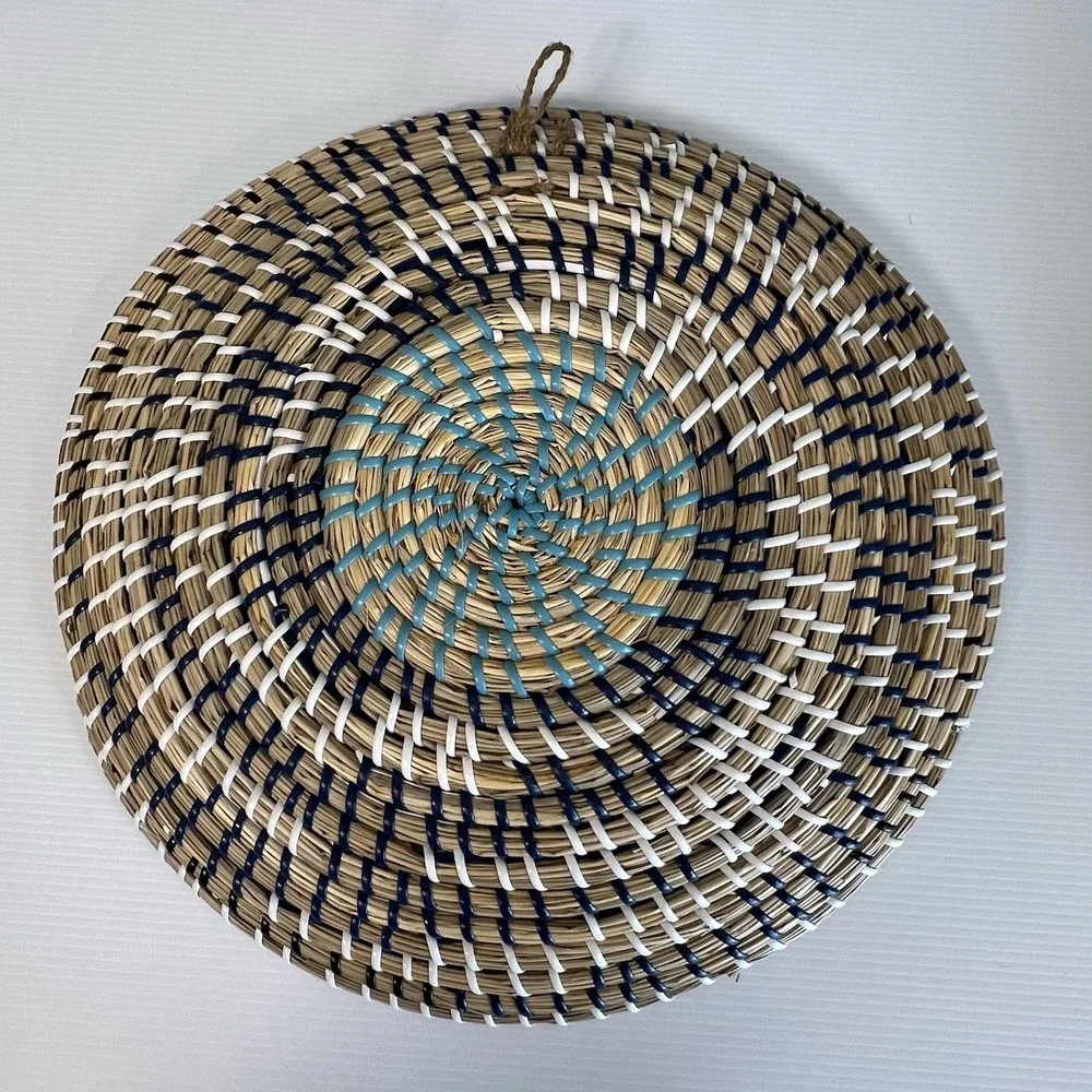 Set of 2 Woven Seagrass Wall Art Baskets Boho Decor Turquoise Blue Natural